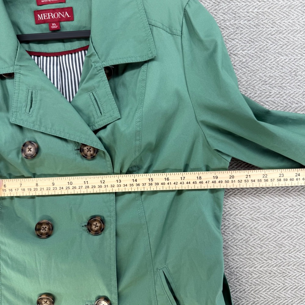 Merona Trench Coat XL Green Water Repellent Belted Double Breasted Rain Jacket - Picture 5 of 12